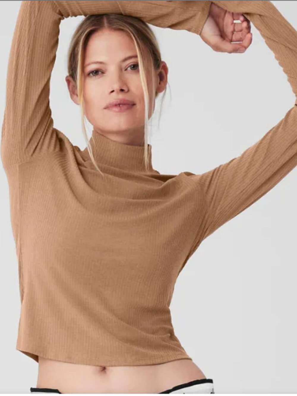 ALO Yoga Ribbed Seacoast Mock Neck Modal Long Sleeve Top in Tan XS/S